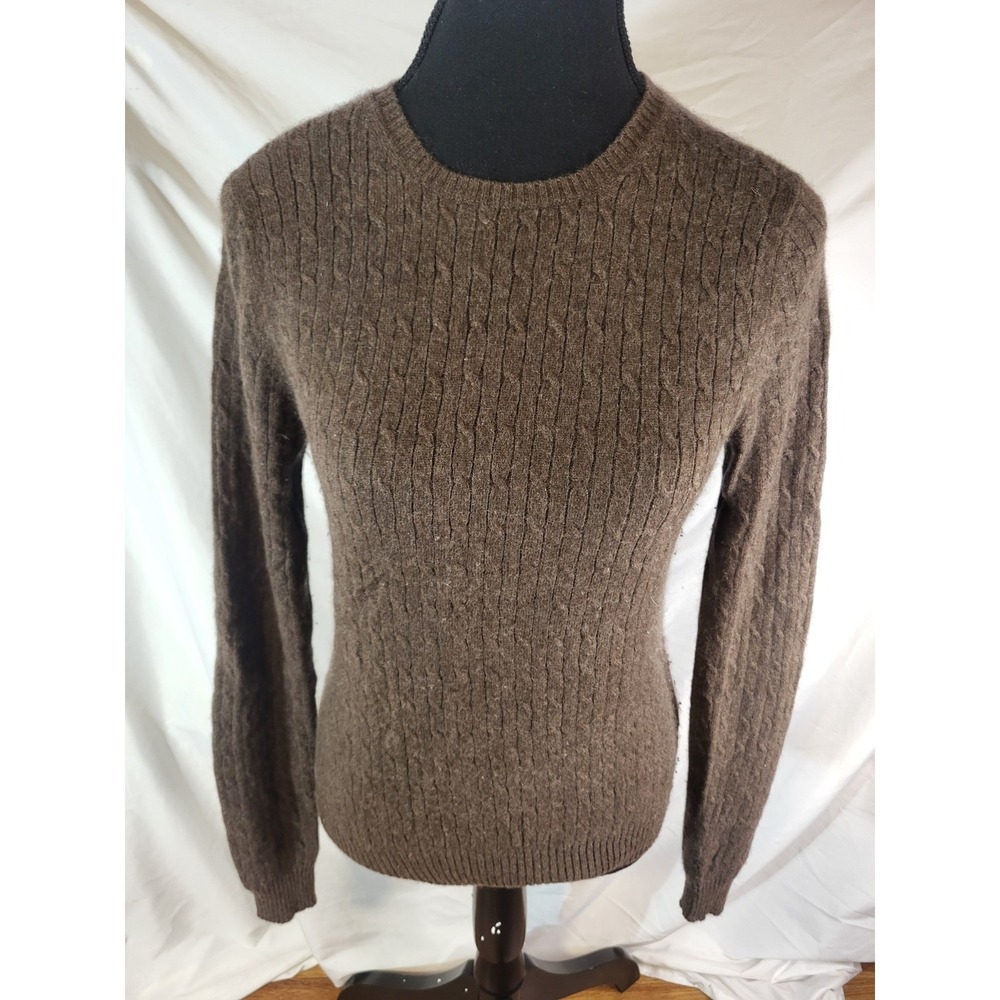 Marina Luna 100% 2-Ply Cashmere Cable Knit Scoop Neck Sweater Brown  M